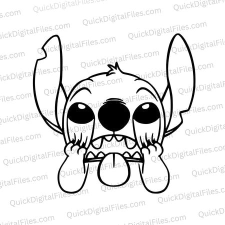 Black and white SVG of Stitch pulling down his mouth for DIY projects