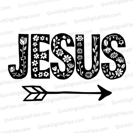 "Floral Jesus Typography Black and White Graphic SVG, PNG, JPEG, PDF"