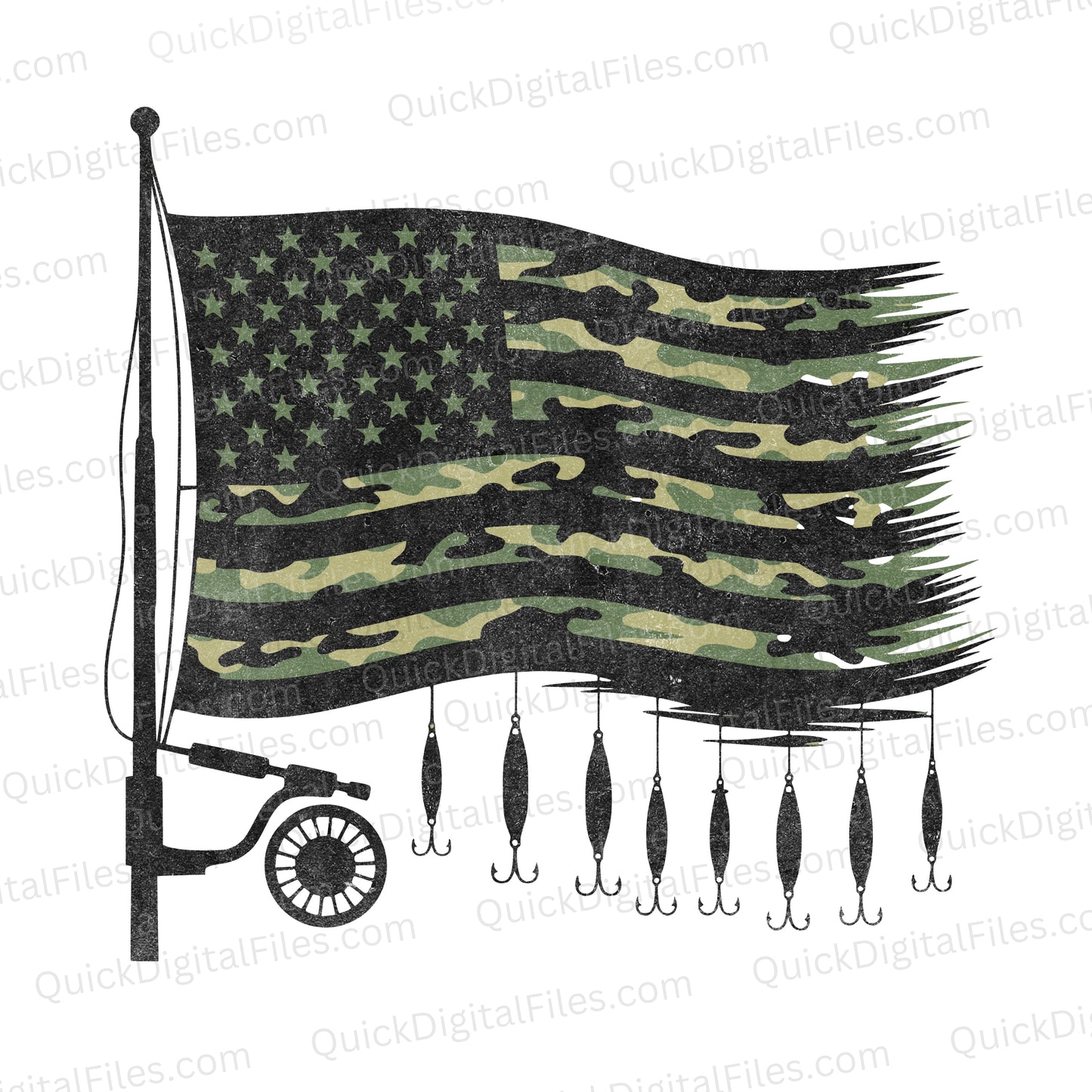 American Fishing SVG | Camo American Flag with Fishing Pole & Lures


