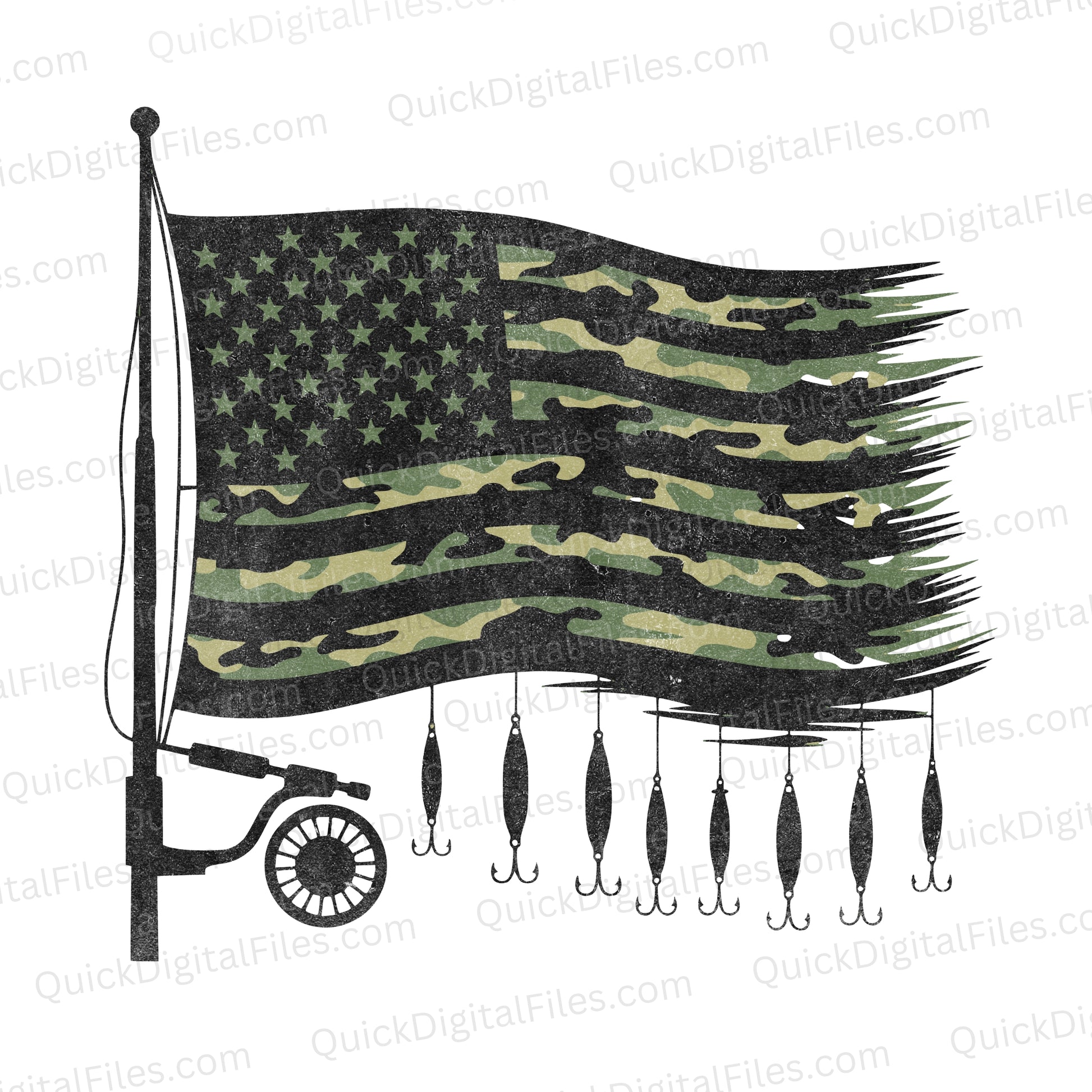 American Fishing SVG | Camo American Flag with Fishing Pole & Lures

