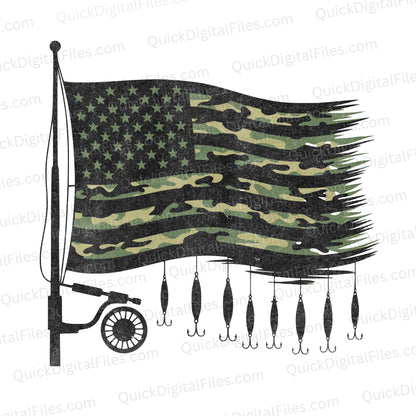 American Fishing SVG | Camo American Flag with Fishing Pole & Lures

