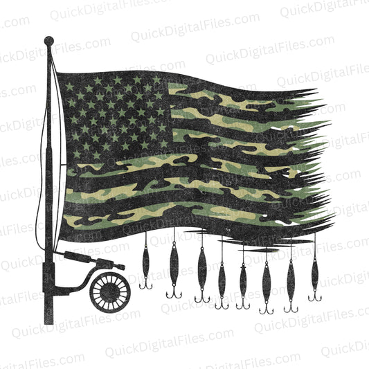 American Fishing SVG | Camo American Flag with Fishing Pole & Lures

