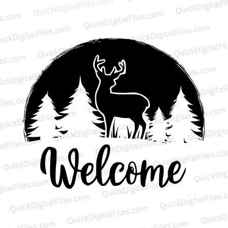 Silhouette deer in forest SVG graphic with welcome text