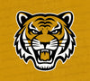 "Majestic tiger graphic against distressed gold background PNG."