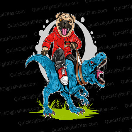 Pug Riding T-Rex PNG Design