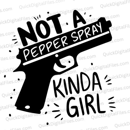 "SVG of stylized handgun with empowerment slogan for self-defense."