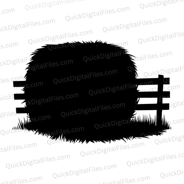 Farm scene silhouette with hay bale and wooden fence
