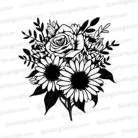 Black and white floral SVG design for Cricut and laser engraving projects.