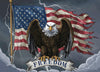 "Eagle clutching Freedom banner in front of distressed American flag PNG."