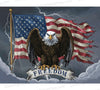 "Eagle clutching Freedom banner in front of distressed American flag PNG."