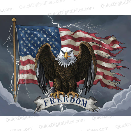 "Eagle clutching Freedom banner in front of distressed American flag PNG."