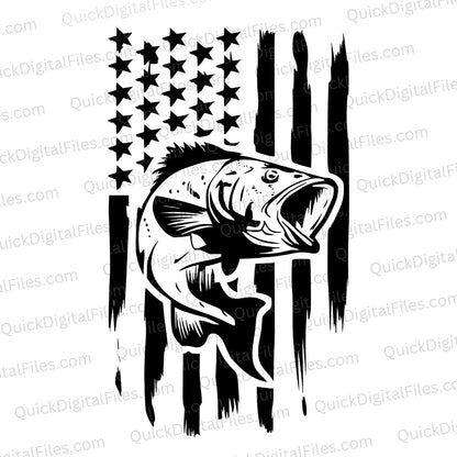 Distressed American flag with leaping fish illustration
