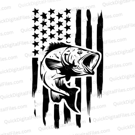 Distressed American flag with leaping fish illustration
