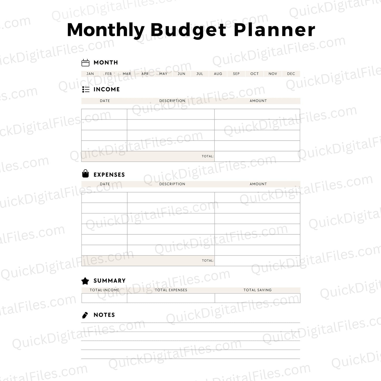 Monthly budget planner printable with savings summary and notes section

