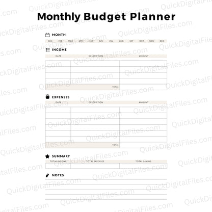Monthly budget planner printable with savings summary and notes section
