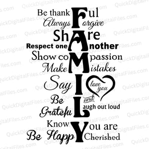 "FAMILY Core Values" inspirational SVG text graphic for home decor and DIY projects.