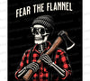 "Fear the Flannel" skeleton in flannel design for rustic DIY projects.