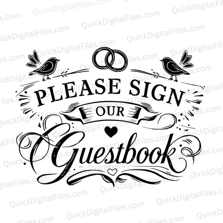 "Please Sign Our Guestbook" wedding sign with birds and rings SVG.