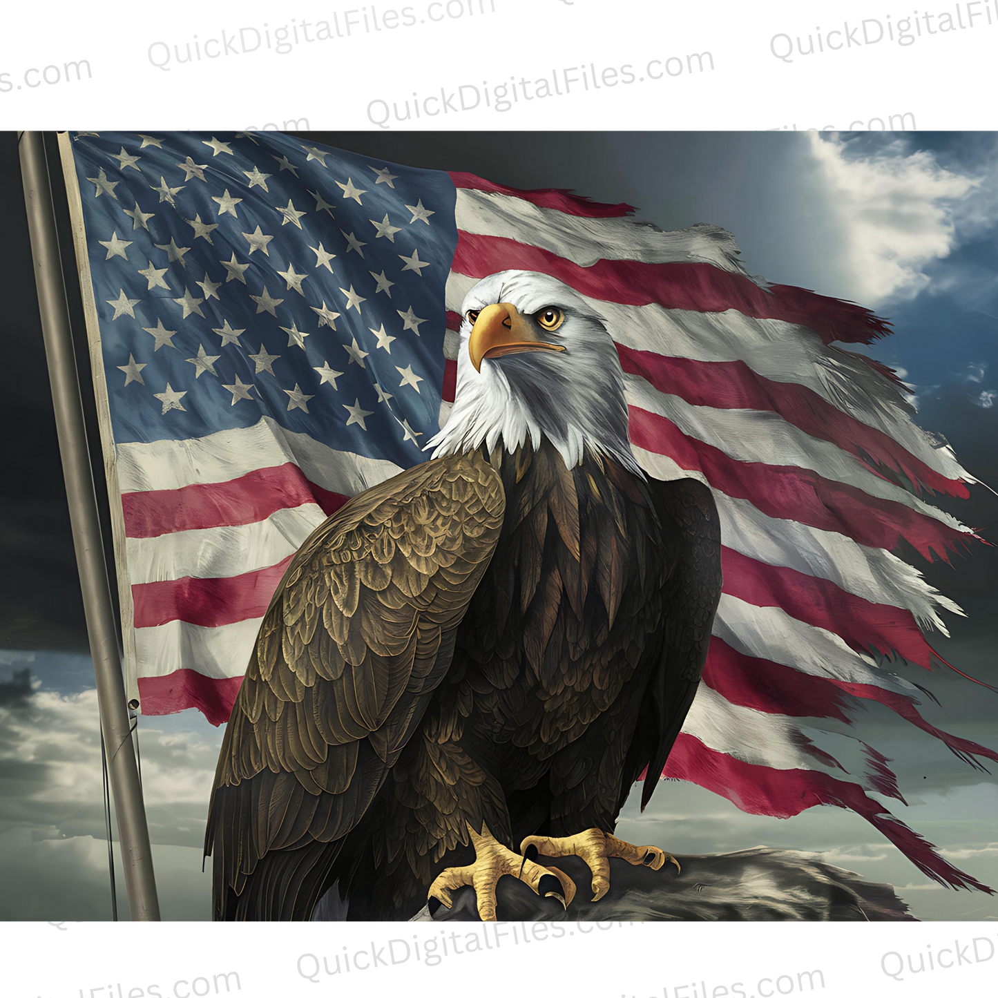 "Realistic eagle perched on log with faded American flag PNG."