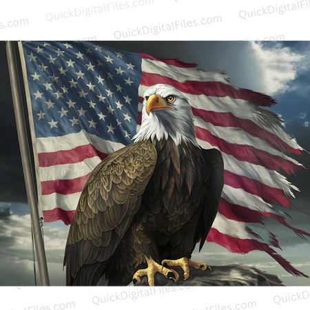 "Realistic eagle perched on log with faded American flag PNG."
