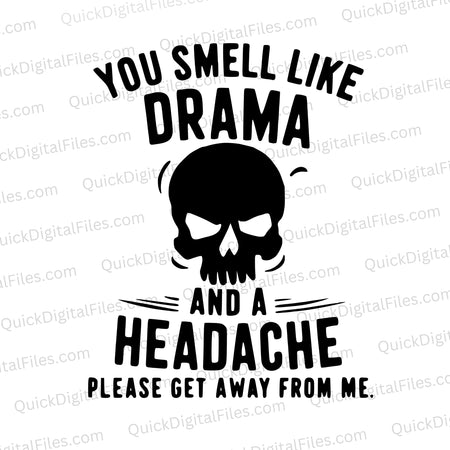 "Drama and Headache Skull Graphic in Black and White"