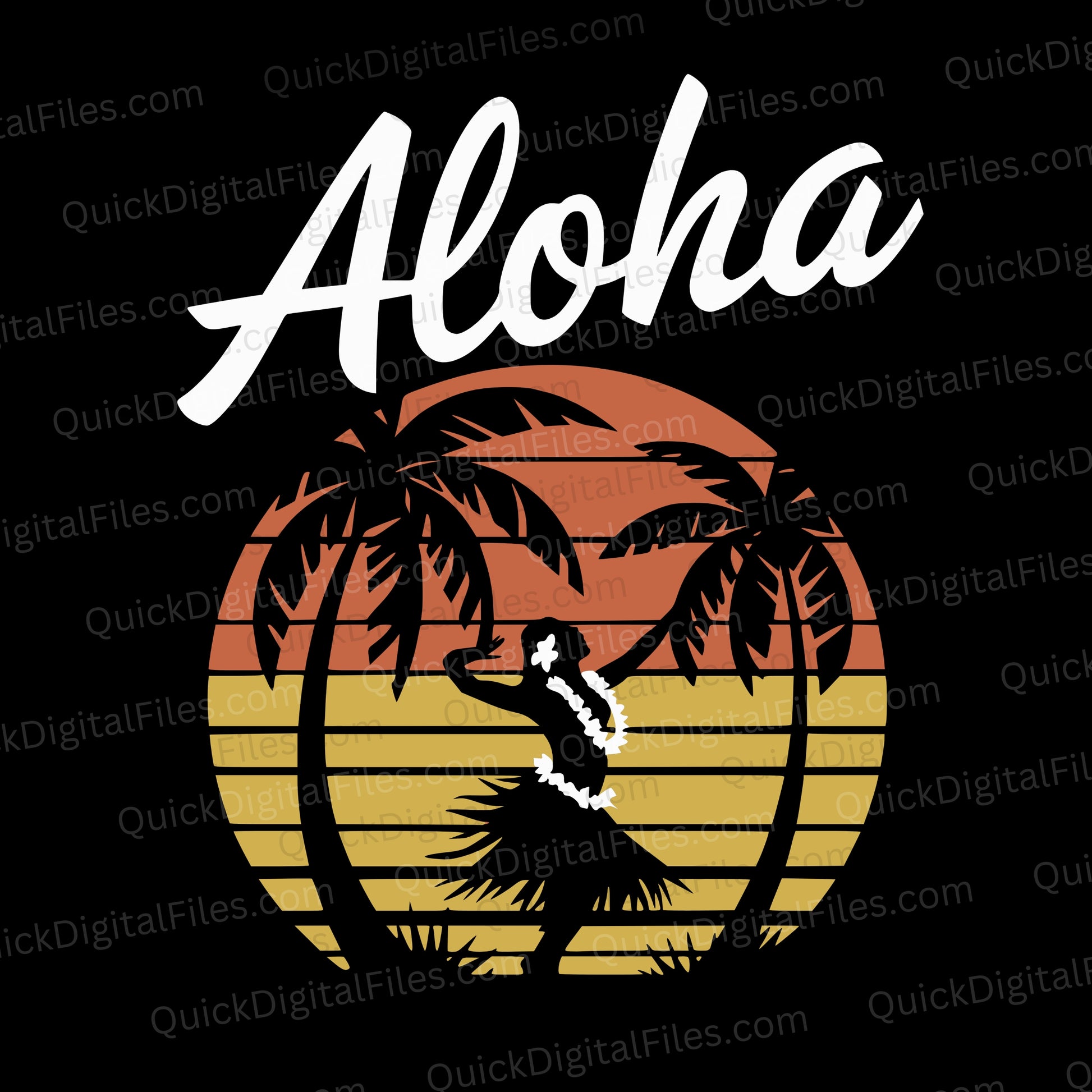 Aloha clipart tropical sunset with hula dancer and palm trees
