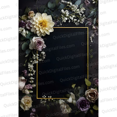 Floral Wedding PNG with Gold Frame on Black Background
