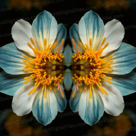 Mirrored blue flower with yellow center PNG download.