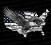 "Black and white illustration of the U.S. map with an eagle and American flag, titled 'We the People.'"