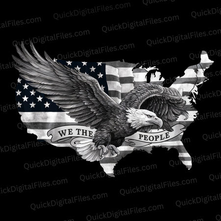 "Black and white illustration of the U.S. map with an eagle and American flag, titled 'We the People.'"