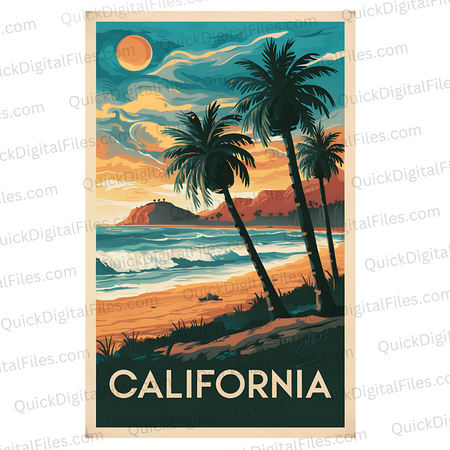 "Vintage California Beach Vibes Travel Poster PNG, JPEG, PDF"