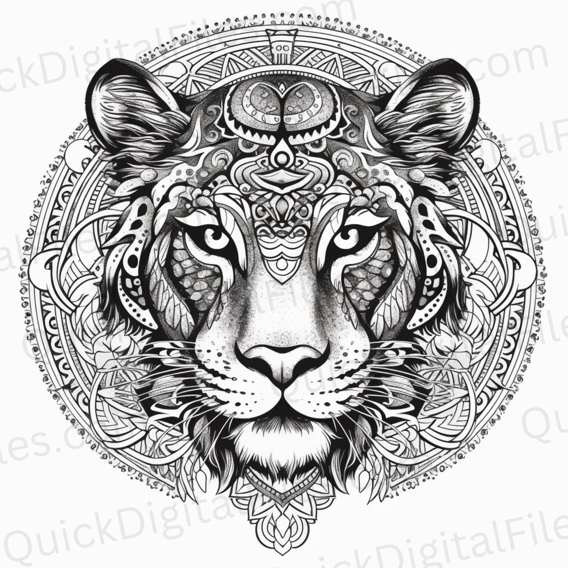 High-quality PNG of tiger drawing in mandala style on white background