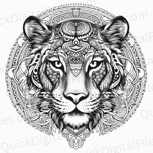 High-quality PNG of tiger drawing in mandala style on white background