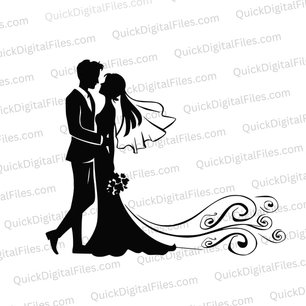 "Graceful silhouette of a wedding couple, bride in gown with decorative swirls."