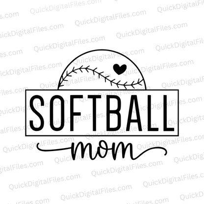 "Softball Mom SVG with half softball and heart for custom apparel."