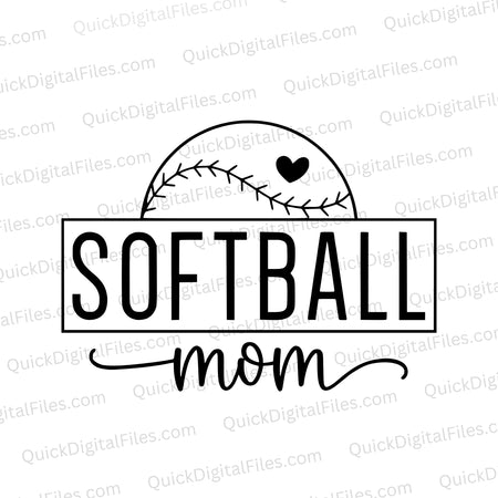 "Softball Mom SVG with half softball and heart for custom apparel."