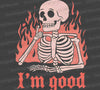 Skeleton sitting in fire giving thumbs up PNG
