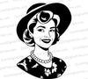 "Vintage retro housewife illustration in black and white with a colorful floral dress."