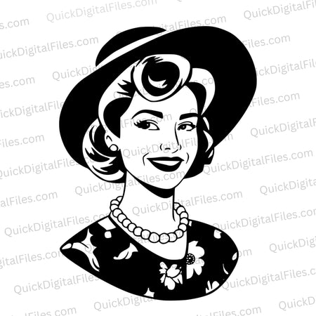 "Vintage retro housewife illustration in black and white with a colorful floral dress."