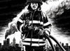 Black and white firefighter holding fire hose illustration in pencil-drawn PNG