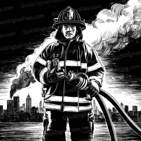 Black and white firefighter holding fire hose illustration in pencil-drawn PNG