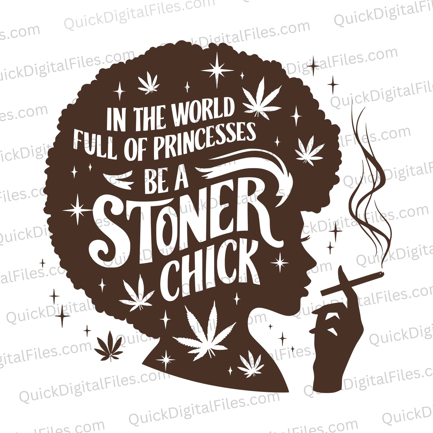 "Stoner Chick silhouette with afro and cannabis leaves SVG."