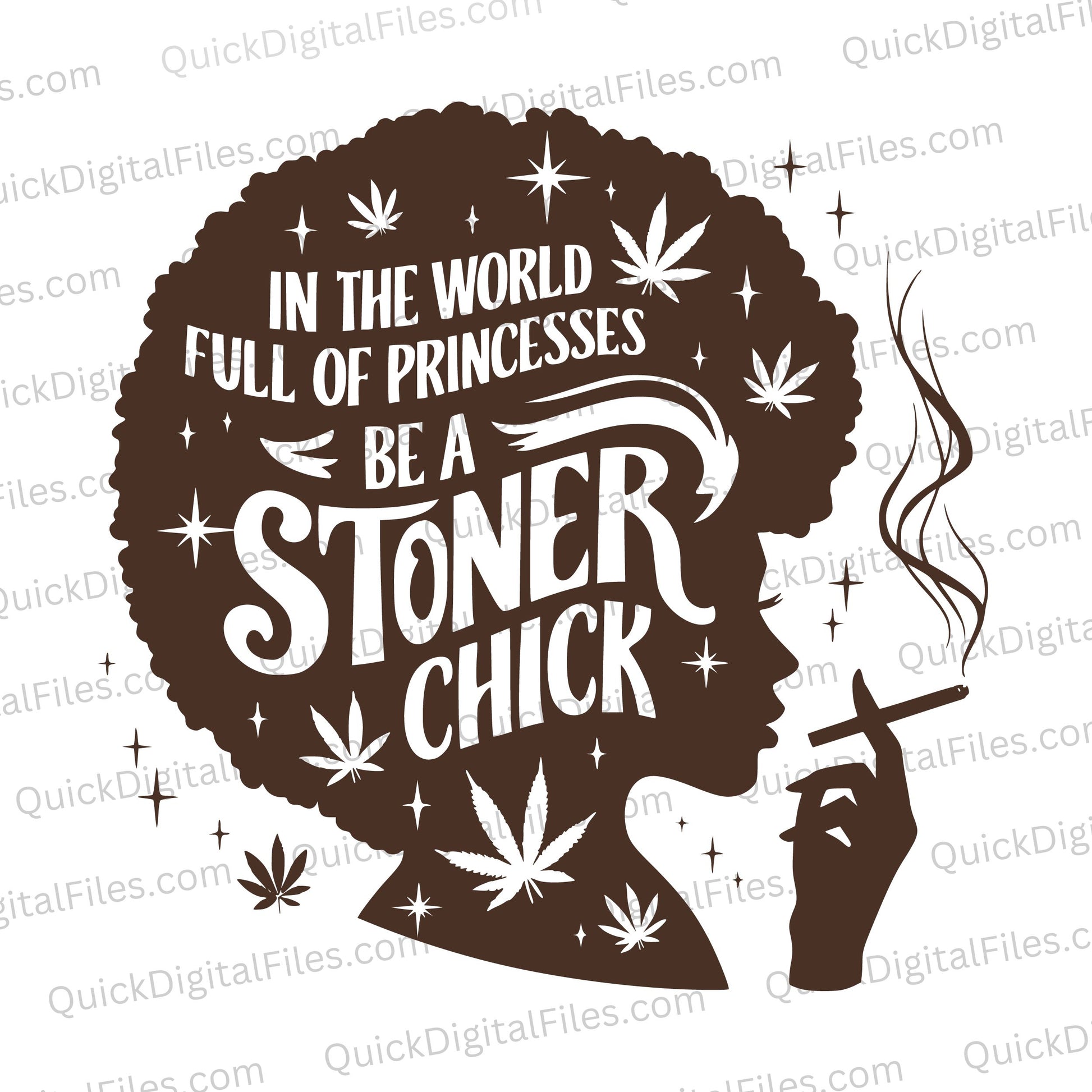 "Stoner Chick silhouette with afro and cannabis leaves SVG."