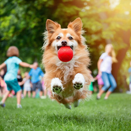 Joyful dog catching ball in mid-air photo for family content