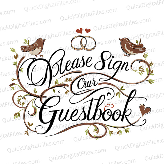 "Please Sign Our Guestbook" in colorful cursive with birds and rings PNG.