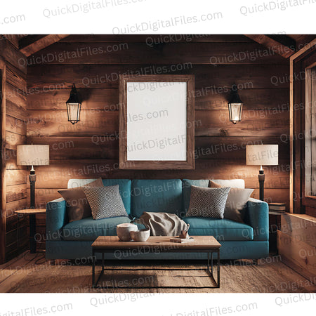 "Real-Life Photo Mockup of Blank White Poster Frame in Cabin"