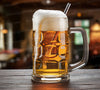 Realistic beer mug mockup on a wooden table with frothy beer
