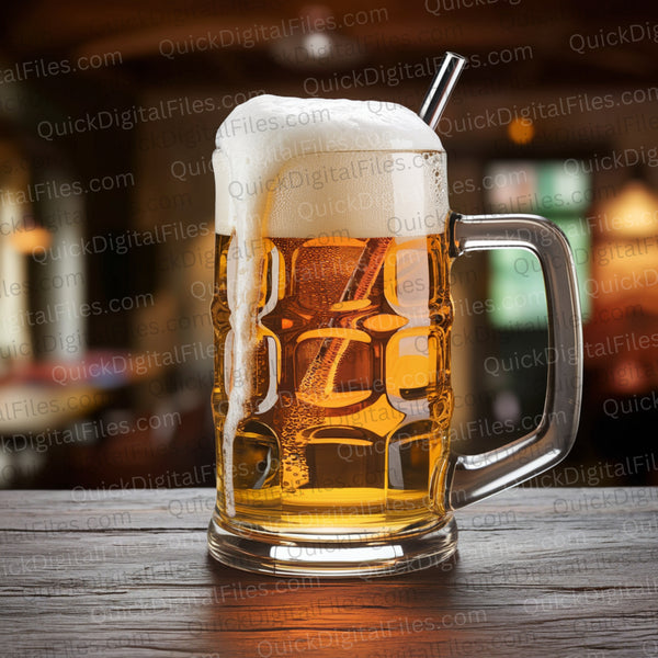 Realistic beer mug mockup on a wooden table with frothy beer
