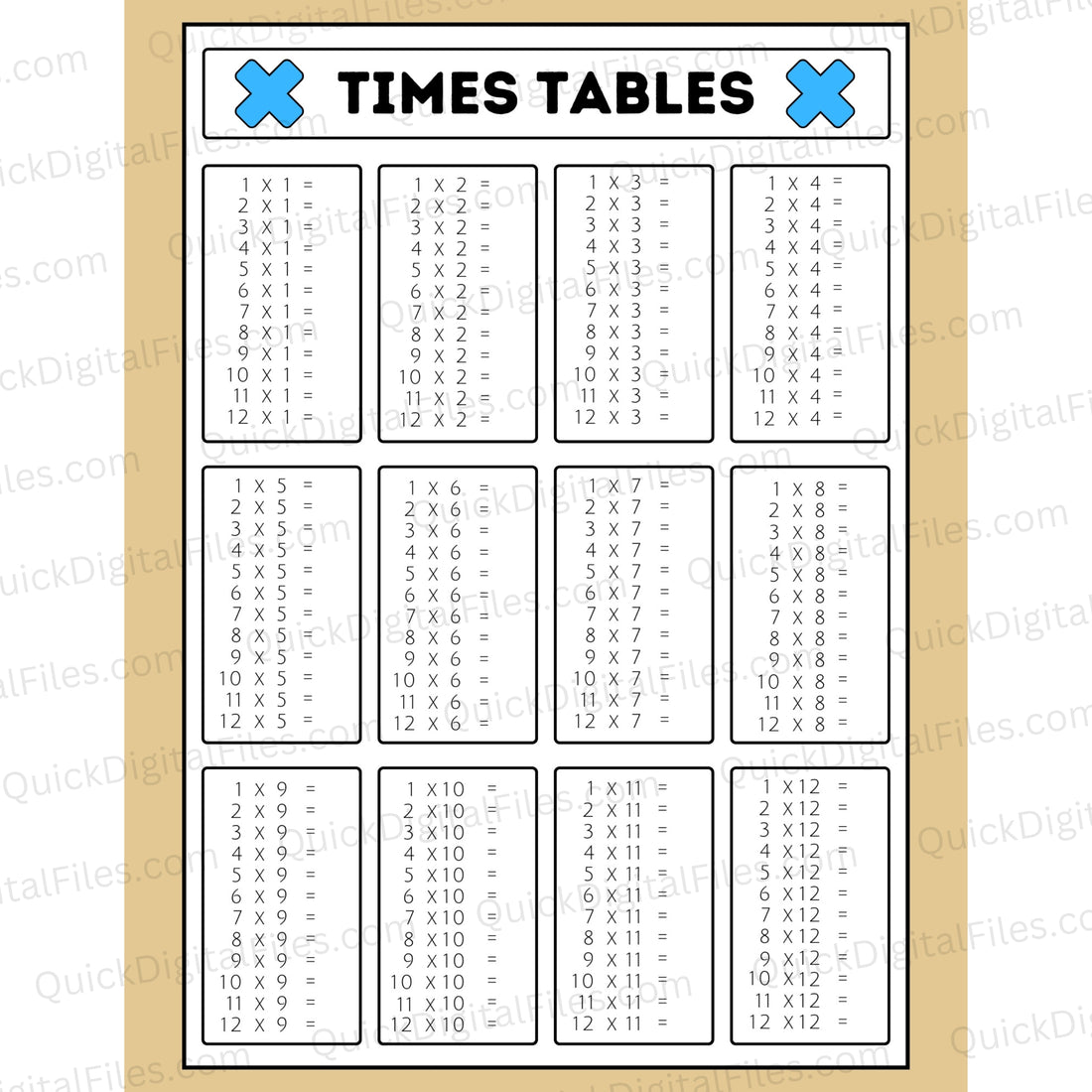 Times Table Sheet Printable PDF - Full 1x1 to 12x12 Multiplication ...