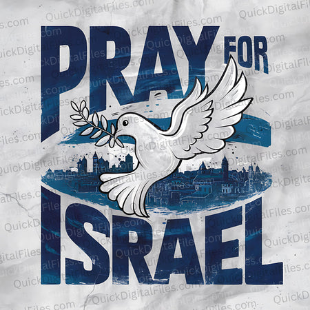 "Pray for Israel dove illustration PNG with Jerusalem backdrop."